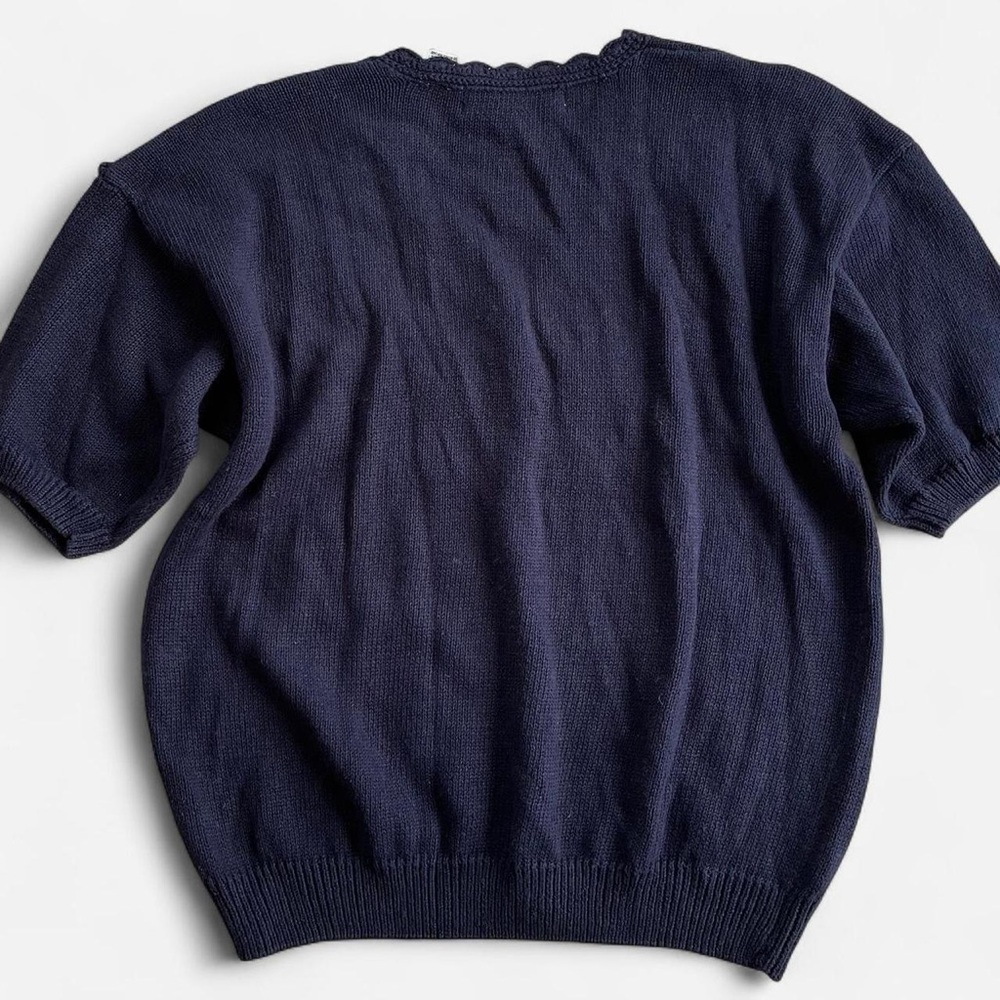 Vintage Maggie Lawrence Collection Navy Knit Pink Embroidered Flowers Sweater - Picture 6 of 6